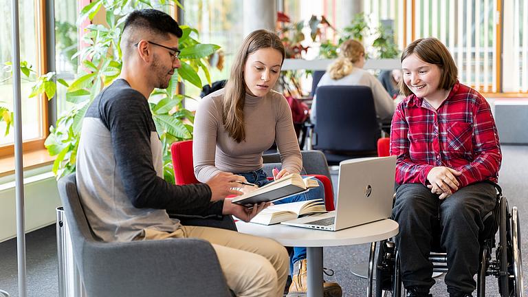 Studierende, davon eine im Rollstuhl, sitzen an einem Tisch und arbeiten mit Buch und Laptop.