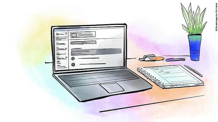 bunte Illustration eines Schreibtischs mit Laptop und Unterlagen für Notizen. Im Bildschirm ist eine E-Mail mit To-Do-Liste zu sehen.