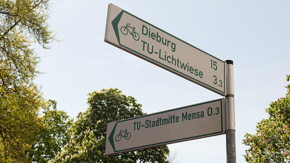 Aufnahme aus der Froschperspektive von zwei Hinweisschildern für Radfahrer, die in verschiedene Himmelsrichtungen weisen.