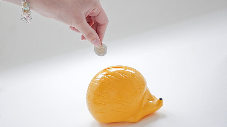 Eine Frau wirft zwei Euro in ein gelbes Sparschwein in Igelform.