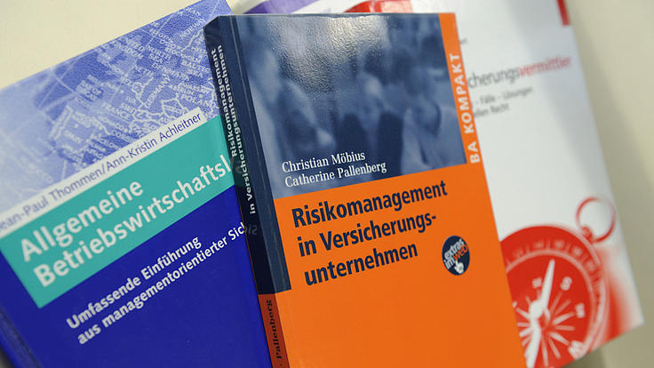 Nahaufnahme von drei Fachbüchern zu den Themen Betriebswirtschaftslehre und Risikomanagement, die übereinander liegen.