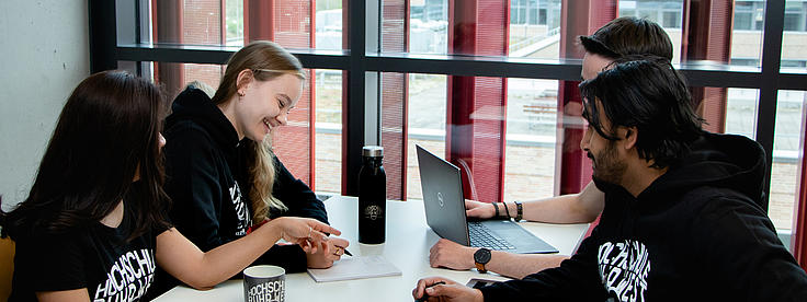 Vier Studierende sitzen sich an einem Tisch gegenüber und lernen.