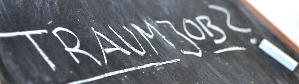 Auf einer schräg liegenden Schreibtafel mit Holzrand steht in Großbuchstaben das Wort "Traumjob"