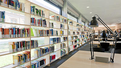 In einem Lesesaal stehen die Bücherregale mit den verschiedenen Büchern vor der Fensterfront.
