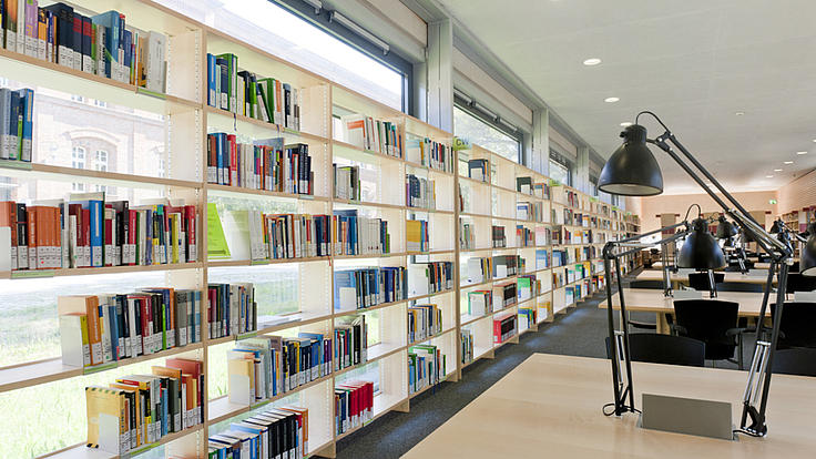 In einem Lesesaal stehen die Bücherregale mit den verschiedenen Büchern vor der Fensterfront.