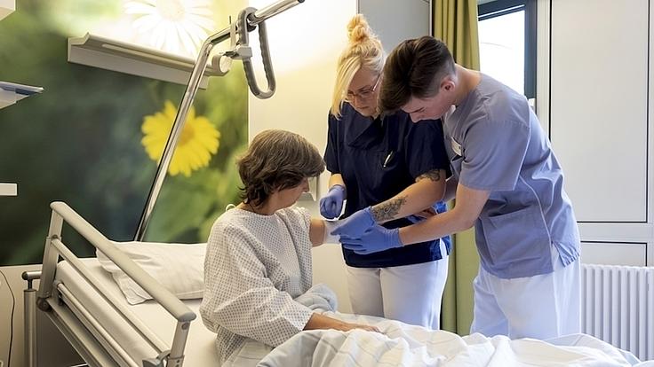 Eine Krankenschwester und ein junger Pfleger verbinden den Arm einer Frau, die in einem Krankenhausbett liegt.