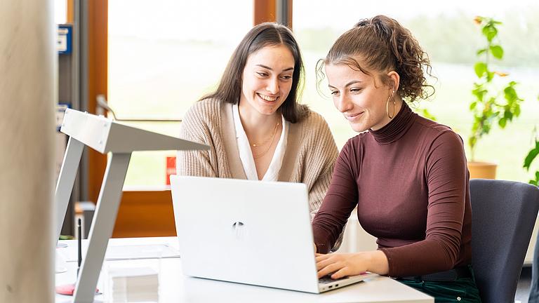Zwei weibliche Studierende arbeiten an einem Laptop.